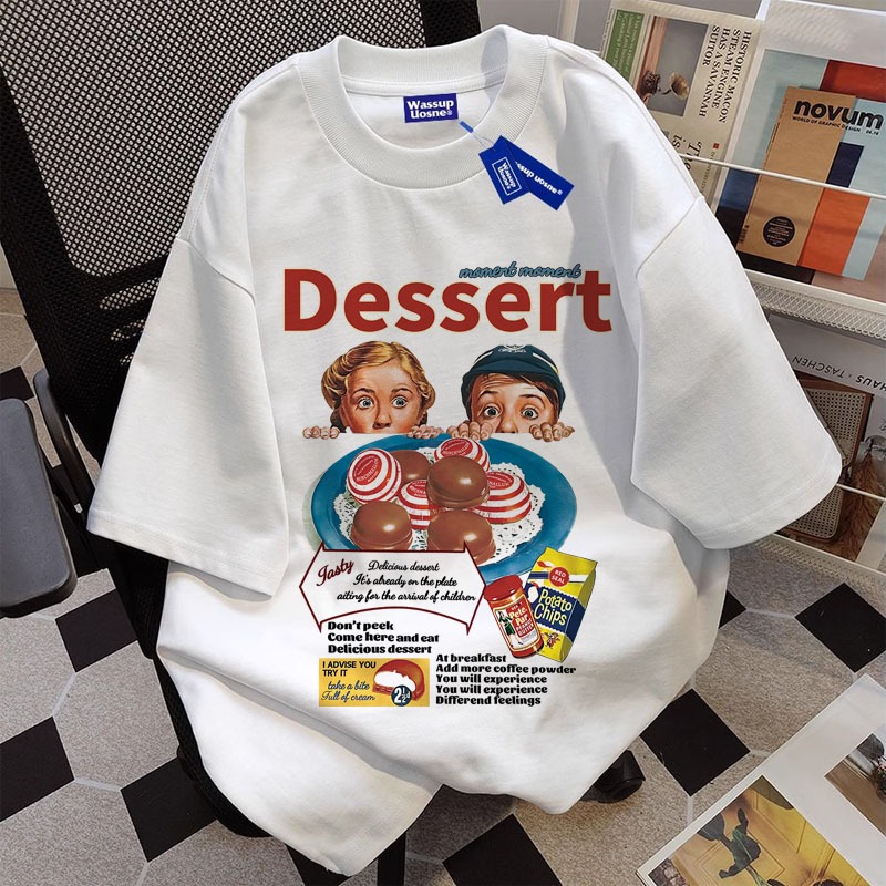 เสื้อยืดสีขาวลายพิมพ์ขนมหวาน Dessert แขนสั้น คอกลม สไตล์วินเทจ สำหรับผู้หญิงผู้ชาย 5.31