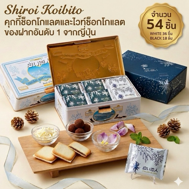 Shiroi Koibito คุกกี้ช็อกโกแลตและไวท์ช็อกโกแลตกล่องเหล็ก54ชิ้นจากญี่ปุ่นบ