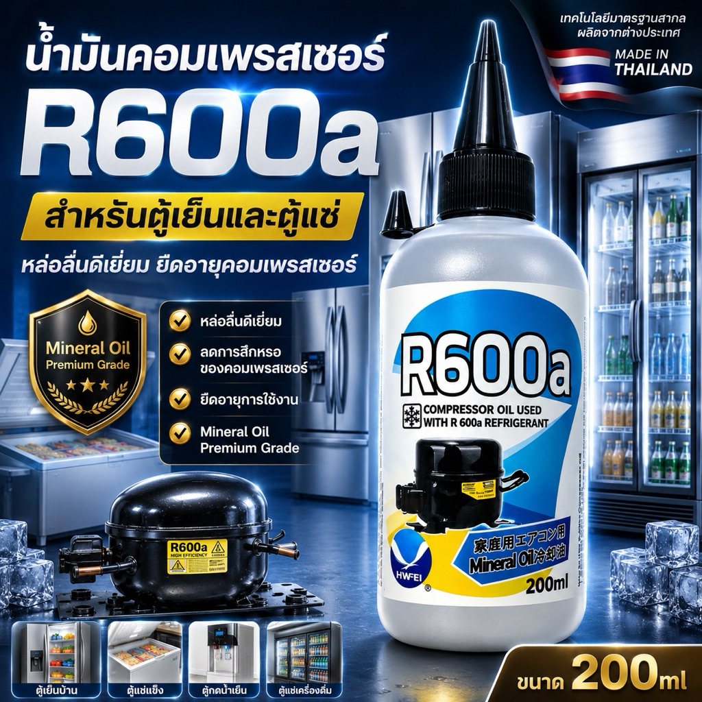 น้ำมันคอมเพรสเซอร์ R600a น้ำมันคอมตู้เย็น 200ml [118-5]