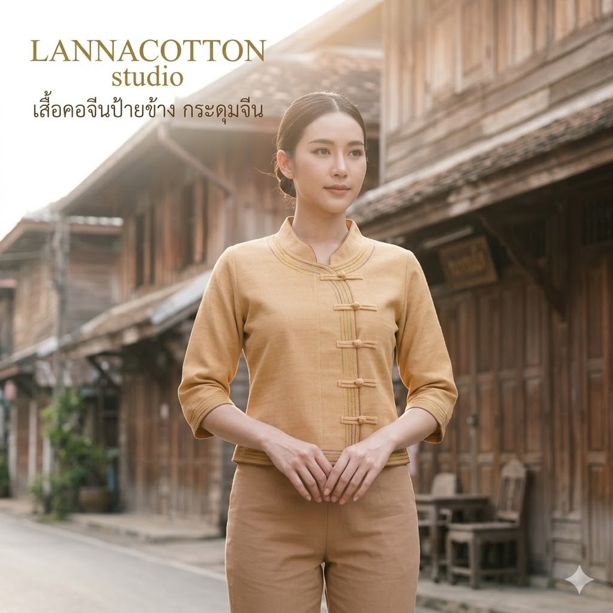 เสื้อผ้าฝ้ายเยื่อไผ่คอกจีนป้ายข้างปัดด้ายสี