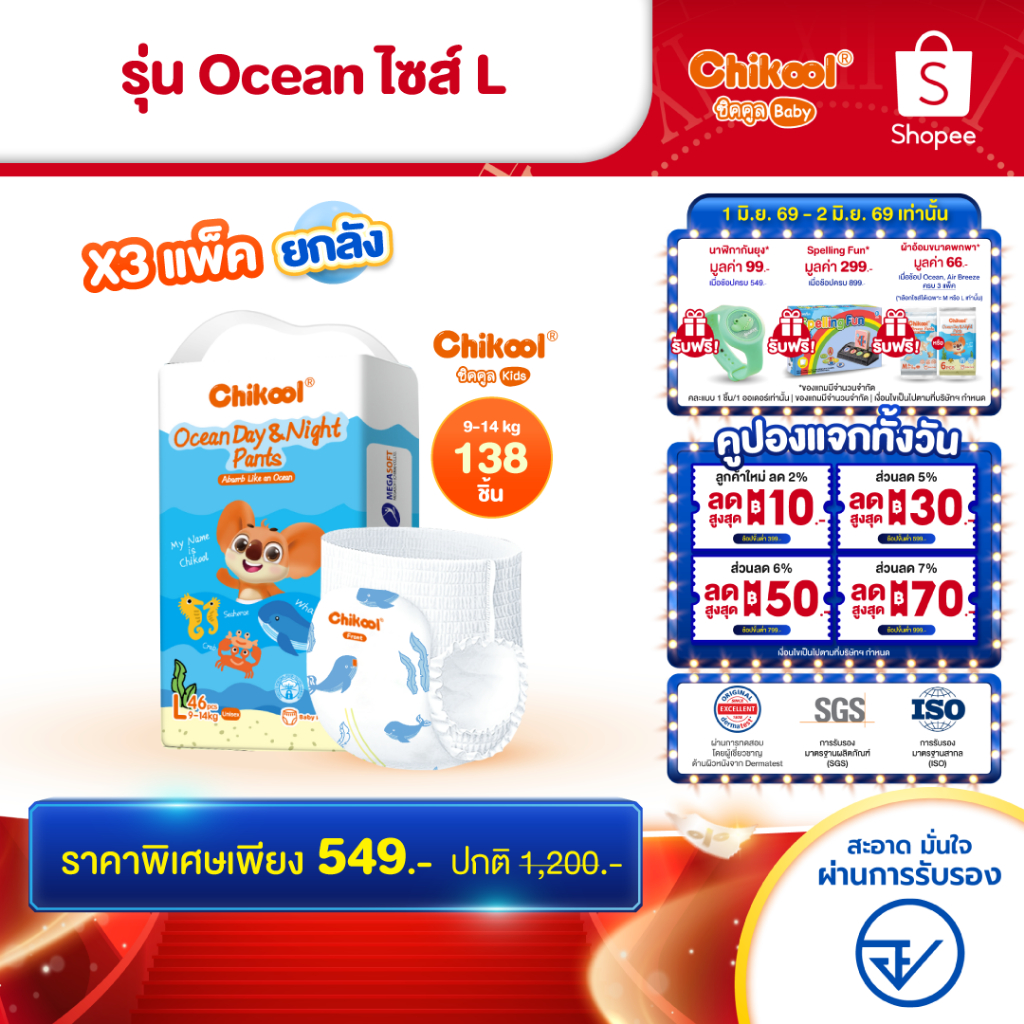 [ขายยกลัง x3 แพ็ค] Chikool Ocean Day&Night Pants ชิคคูล กางเกงผ้าอ้อมเด็ก โอเชียน เดย์&ไนท์ ไซส์ L