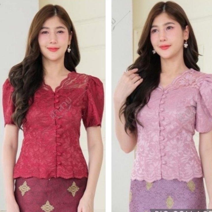 💯🎉เสื้อผ้าลูกไม้อัดกาวคอวีแขนสั้น