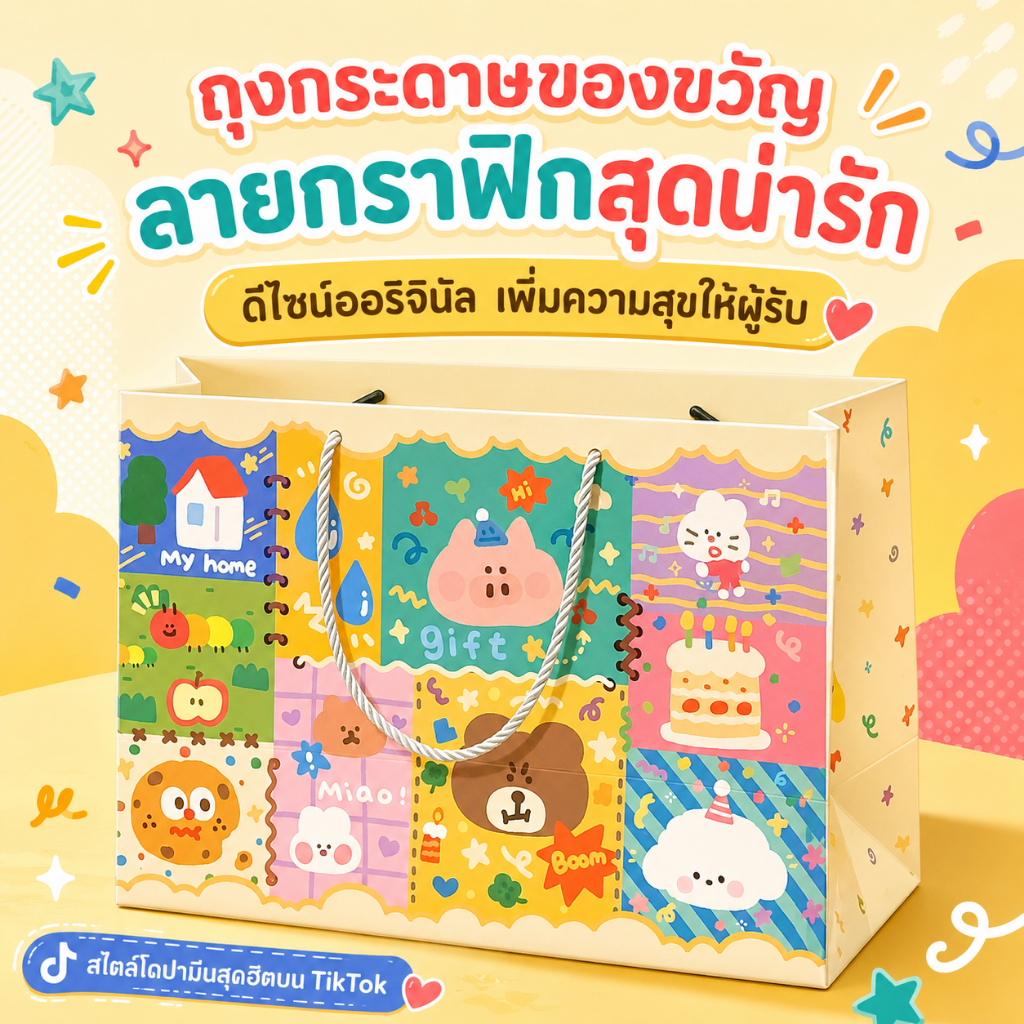 ถุงของขวัญลายการ์ตูนน่ารัก 4ขนาด กระดาษหนาพิเศษ หูหิ้วแข็งแรง ใส่ของขวัญ วันเกิด ขนม ของเล่น ของชำร่วย ปาร์ตี้
