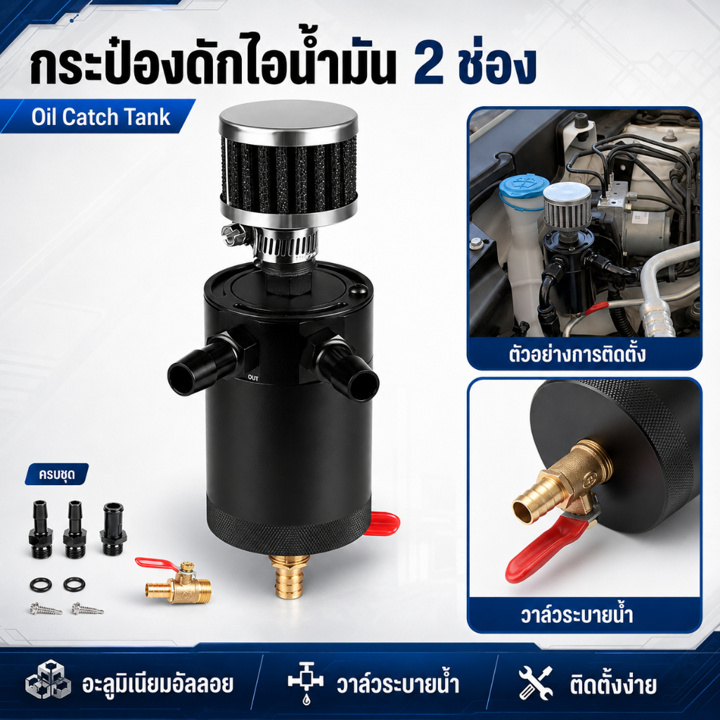 ถังดักไอน้ำมันเครื่อง 2 พอร์ต + กรองอากาศ อลูมิเนียม CNC กรองแยกไอน้ำมัน ช่วยยืดอายุเครื่องยนต์