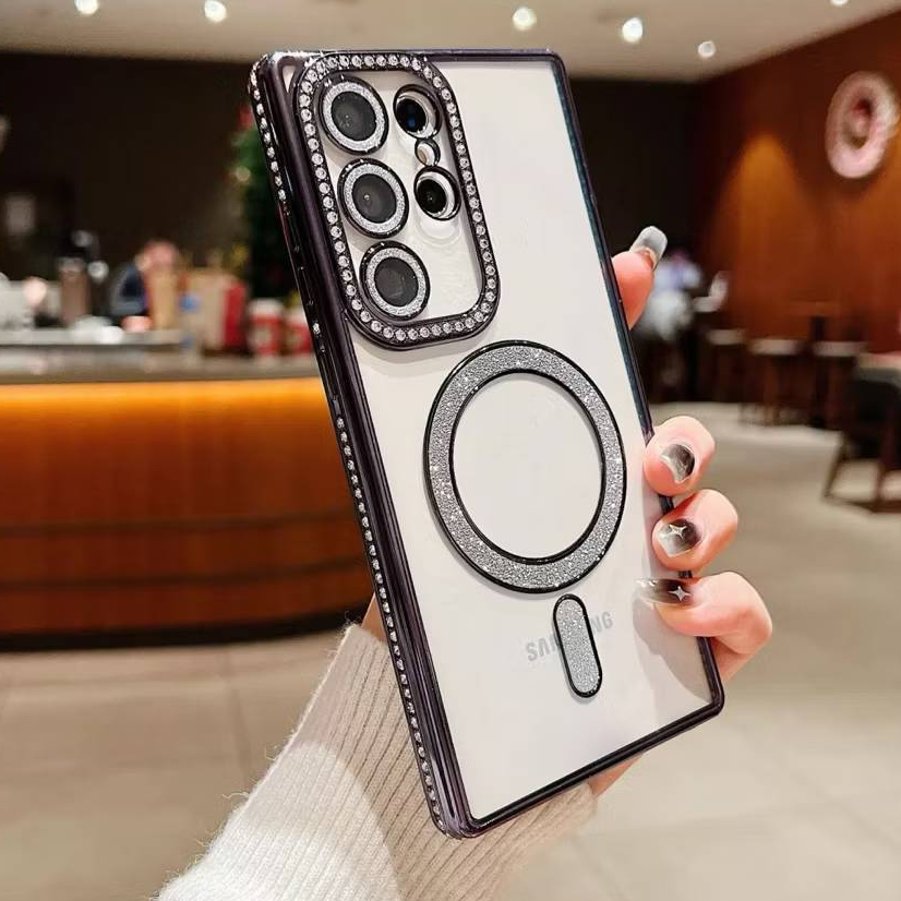 เคสชาร์ไร้สาย สำหรับ Samsung S25Ultra S22Ultra S23Ultra S24Ultra S26 S26Ultra หรูหรา กันกล้อง กล้องเพชร ฟรุ้งฟริ้ง K08