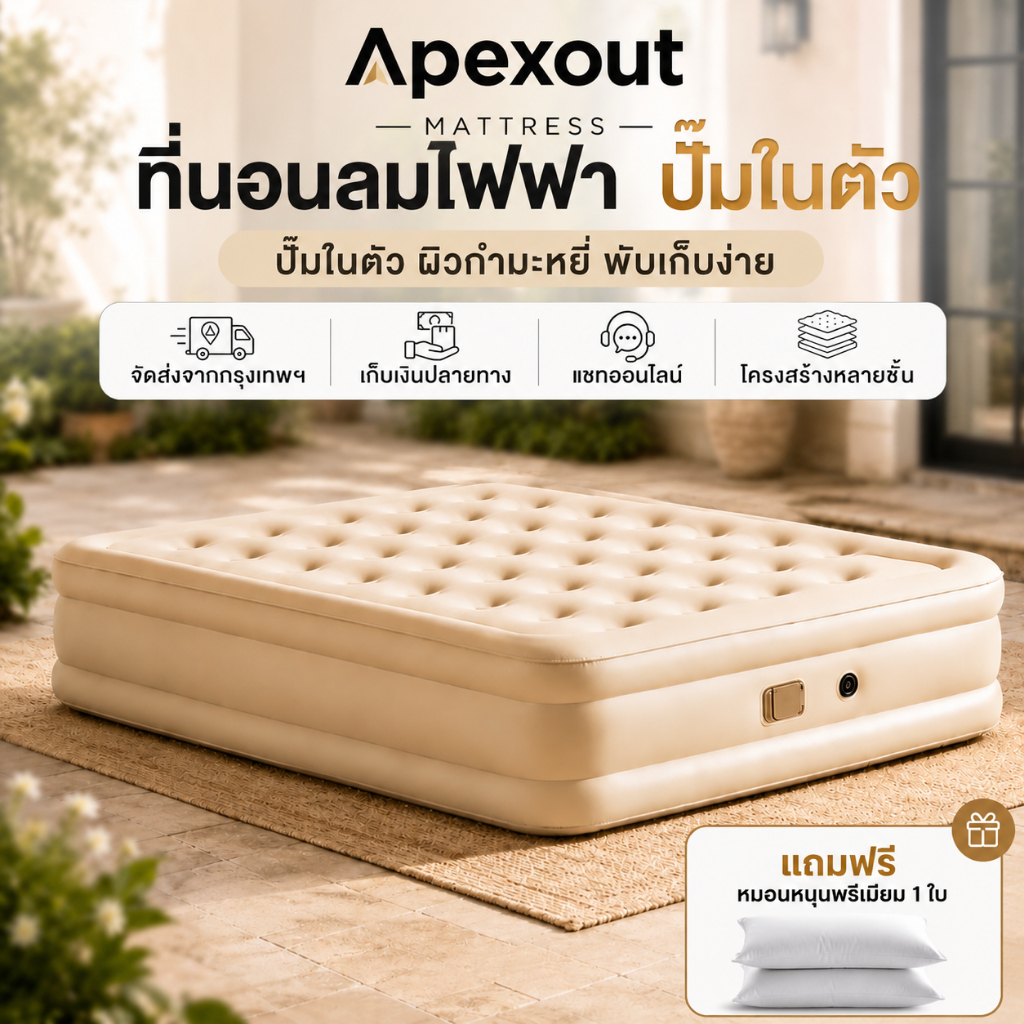 เตียงเป่าลมอัตโนมัติ 3.5/5/6 ฟุต Air Bed พับเก็บง่าย พกพาสะดวก เบาะนอนแคมป์ปิ้ง พร้อมปั๊มลมในตัว หนา 25/40 ซม. PVC ทนทาน
