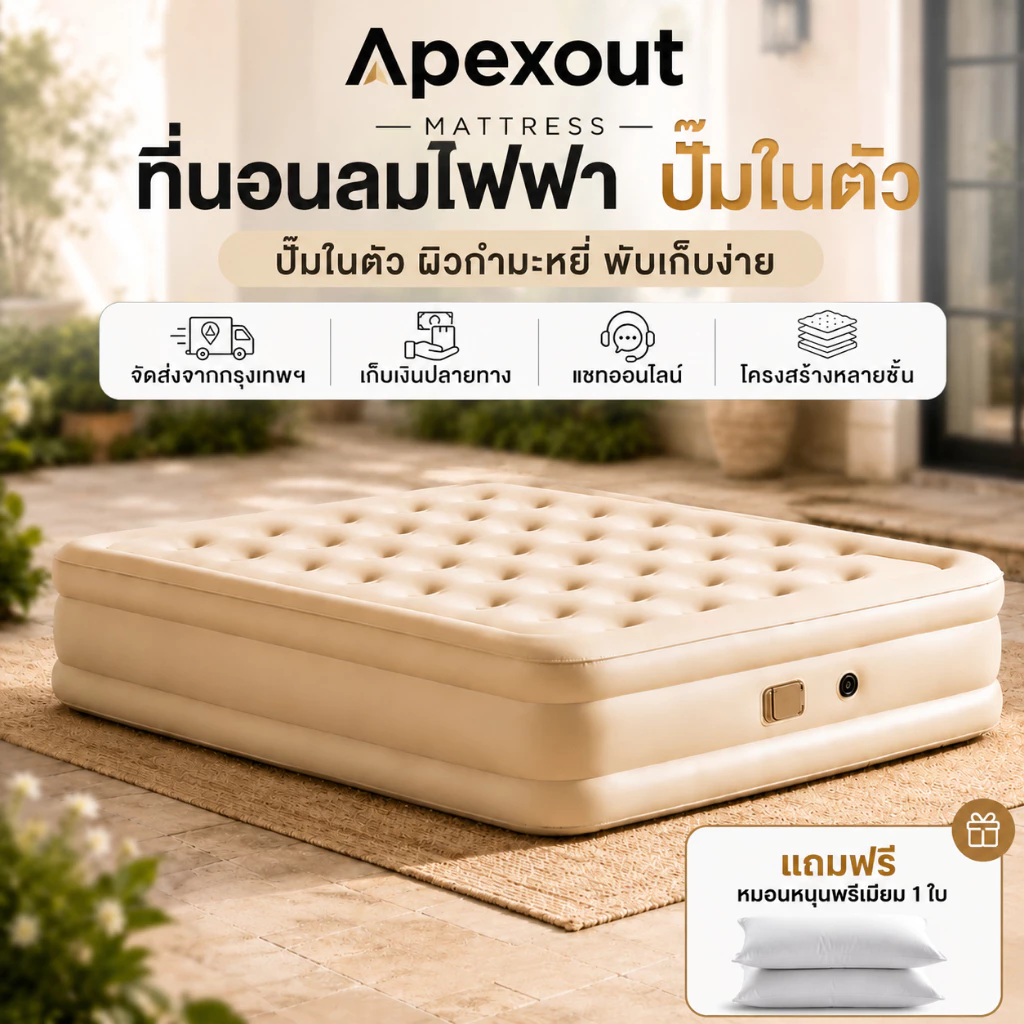 เตียงเป่าลมอัตโนมัติ 3.5/5/6 ฟุต Air Bed พับเก็บง่าย พกพาสะดวก เบาะนอนแคมป์ปิ้ง พร้อมปั๊มลมในตัว หนา 25/40 ซม. PVC ทนทาน