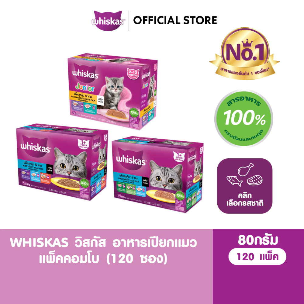 WHISKAS วิสกัส อาหารเปียกแมวโตและลูกแมว แพ็คสุดคุ้ม 80 ก. (12 ซอง x 10 แพ็ก)