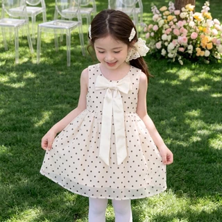 PRINCESS KESLI ชุดเดรสเด็กผู้หญิง ชุดเดรสไม่มีแขนลายจุด แต่งโบว์ใหญ่ สุดน่ารัก สำหรับปาร์ตี้วันเกิด/ไปเที่ยว 2-12 ปี