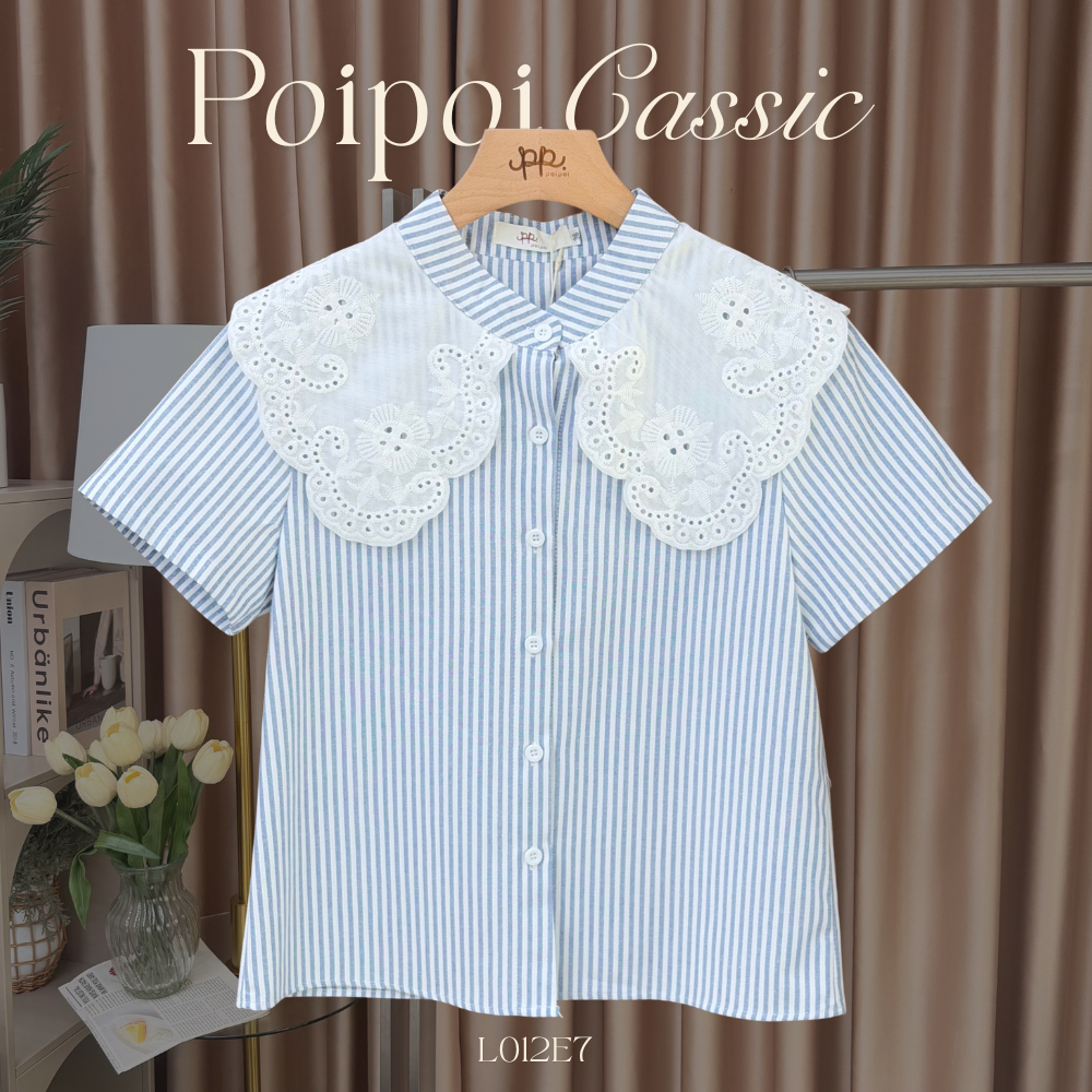 POI เสื้อลายริ้วคอปีนแต่งลูกไม้ เสื้อทำงานใส่สบาย L012E7
