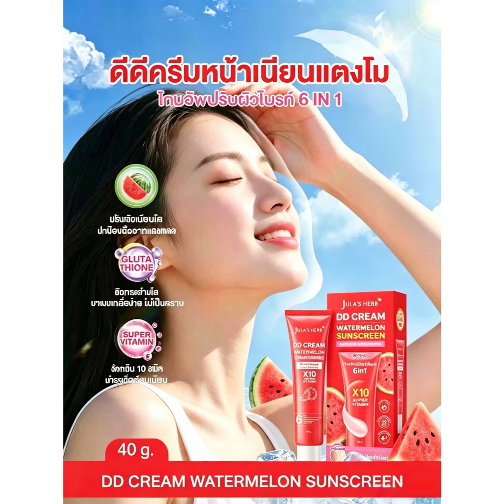 [โปรพิเศษ!] ดีดีครีมแตงโมจุฬาเฮิร์บ 6in1สูตรใหม่! โทนอัพปรับผิวใส เบส รองพื้น กันแดด กันน้ำ สกินแคร์ผิวหน้า บำรุงX10 40g