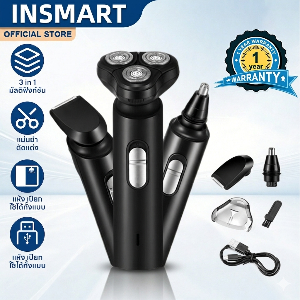 INSMART เครื่องโกนหนวดไฟฟ้า 3in1 อเนกประสงค์สำหรับผู้ชาย กันน้ำ สำหรับตัดขนจมูก เครา และจอน
