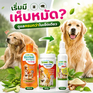 [เซ็ต 3 ชิ้น] เห็บหมัดครบกว่า แชมพูกำจัดเห็บหมัด 400ml + แป้งกำจัดเห็บหมัด 180g + สเปรย์ 3in1 สำหรับสุนัข Green Dog