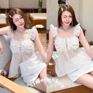 🔥aimorn_shop🔥 เสื้อระบายไหล่ แต่งลูกไม้ เป็นแค่กระดุมหน้าสวยมาก งานหรูหรา งานผ้าพริ้วใส่สบาย