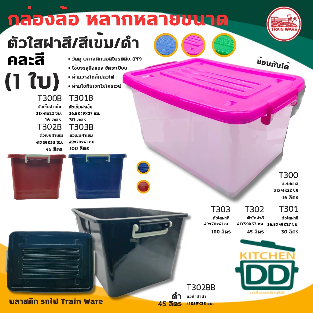 กล่องพลาสติกอเนกประสงค์ มีฝา มีล้อ คละสี Train Ware รถไฟ ขนาด 16/30/45/100 ลิตร - 1 ใบ