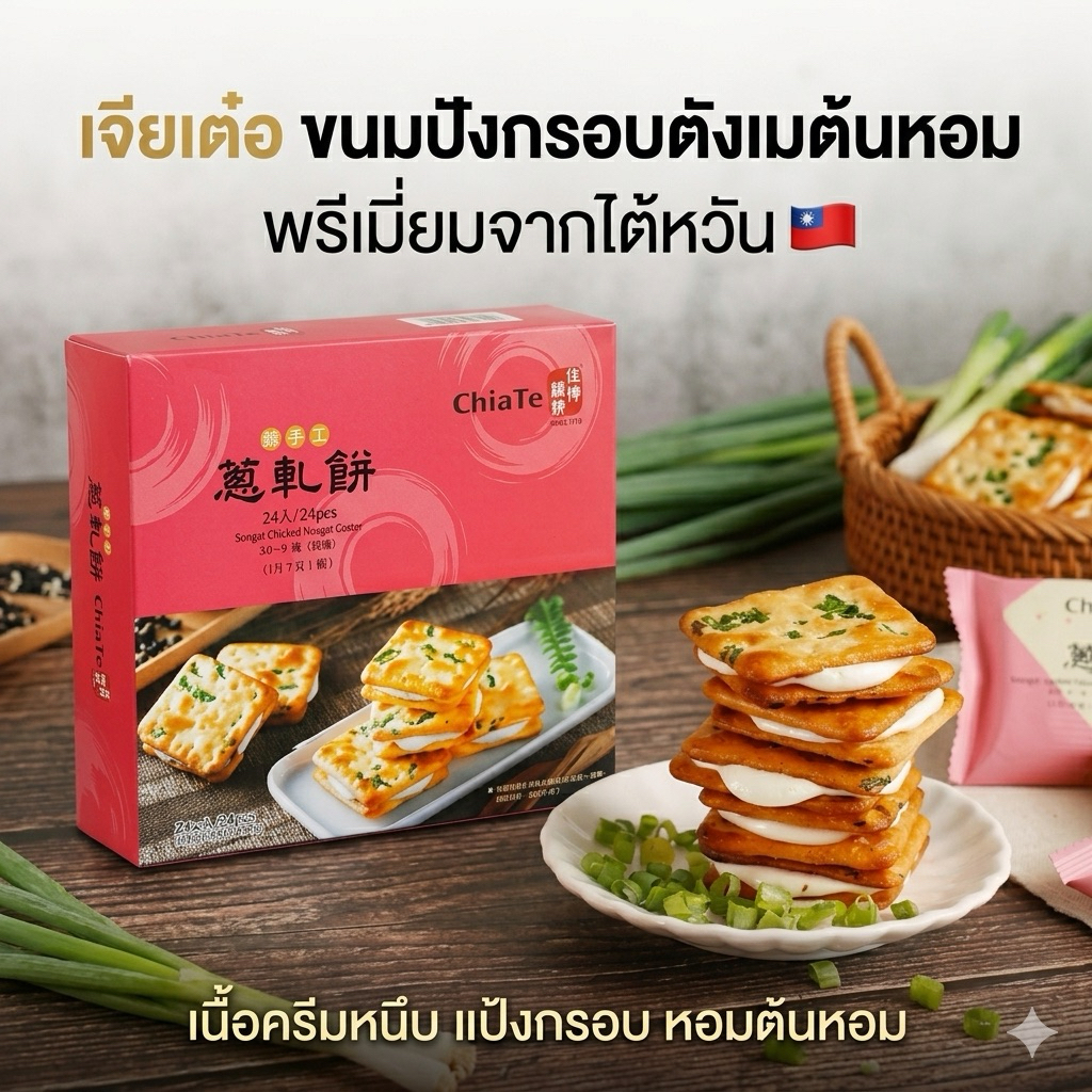 🔥 พร้อมส่ง 20 กย. จากไต้หวัน 🇹🇼 แครกเกอร์นูกัตต้นหอม Chiate Sugar&Spice🐮 Nougat เจียเต๋อ 佳德蔥軋餅 ขนมไต