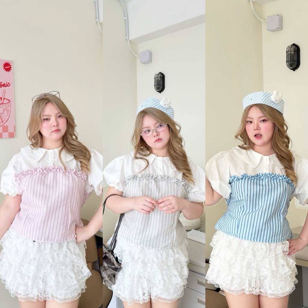 Candy Shirts - เสื้อเชิ้ตแขนบอลลูนสีขาว แต่งลายริ้วสีพาสเทลตัดน่ารัก(3สี) สาวอวบ อก38-50นิ้ว