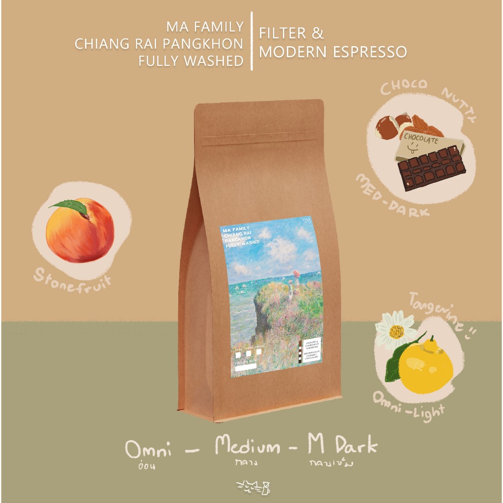 เมล็ดกาแฟคั่ว ไร่กาแฟครอบครัวมะ ปางขอน จ.เชียงราย Washed Process สามระดับคั่ว ขนาด 500g