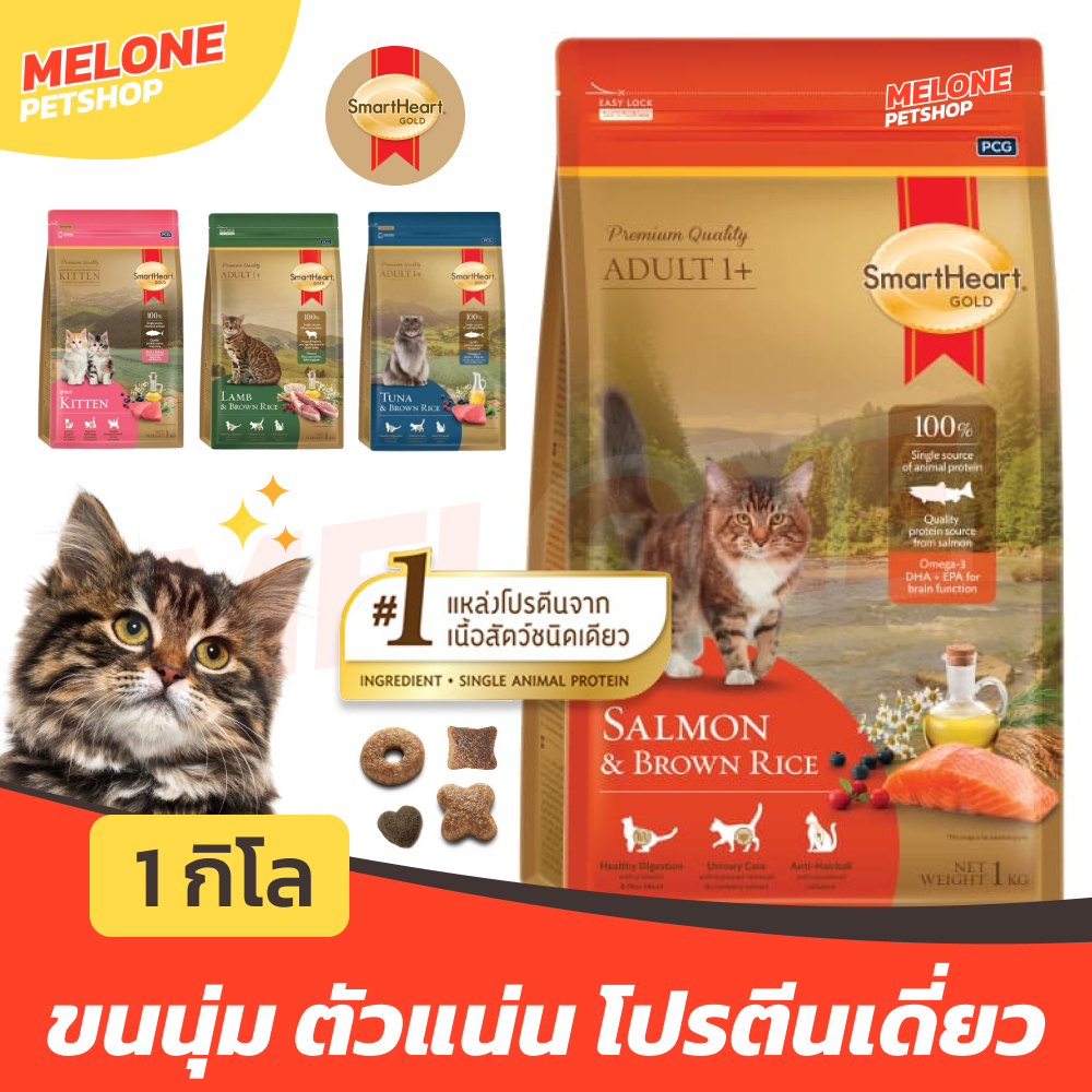 [ถุง 1 กิโล] Smartheart Gold สมาร์ทฮาร์ท โกลด์ อาหารแมว ลูกแมว แกะ ทูน่า แซลมอน ข้าวกล้อง โปรตีนเดี่ยว บำรุงขน ถุง แบ่ง