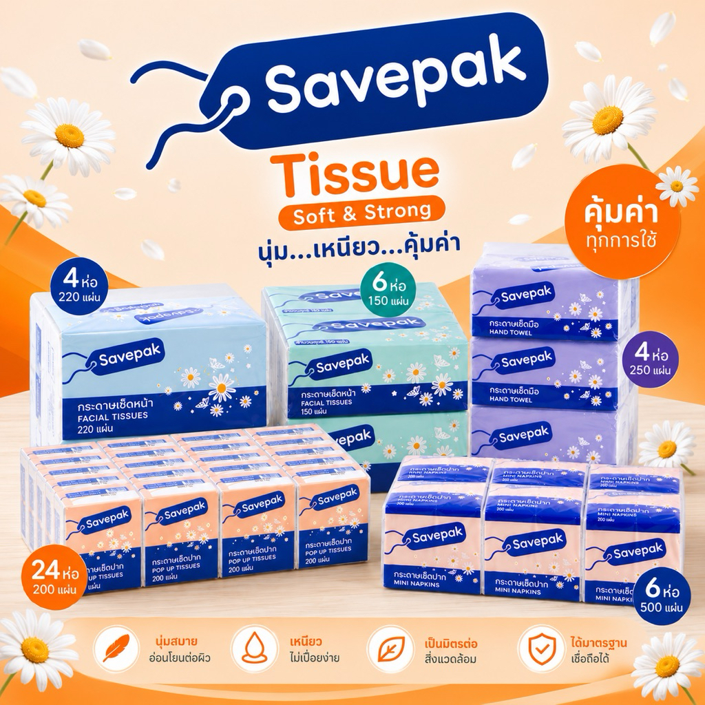 Savepak กระดาษทิชชู่ เช็ดหน้า เช็ดมือ เช็ดปาก หลายขนาด 4x220 / 6x150 / Hand Towel / Napkin