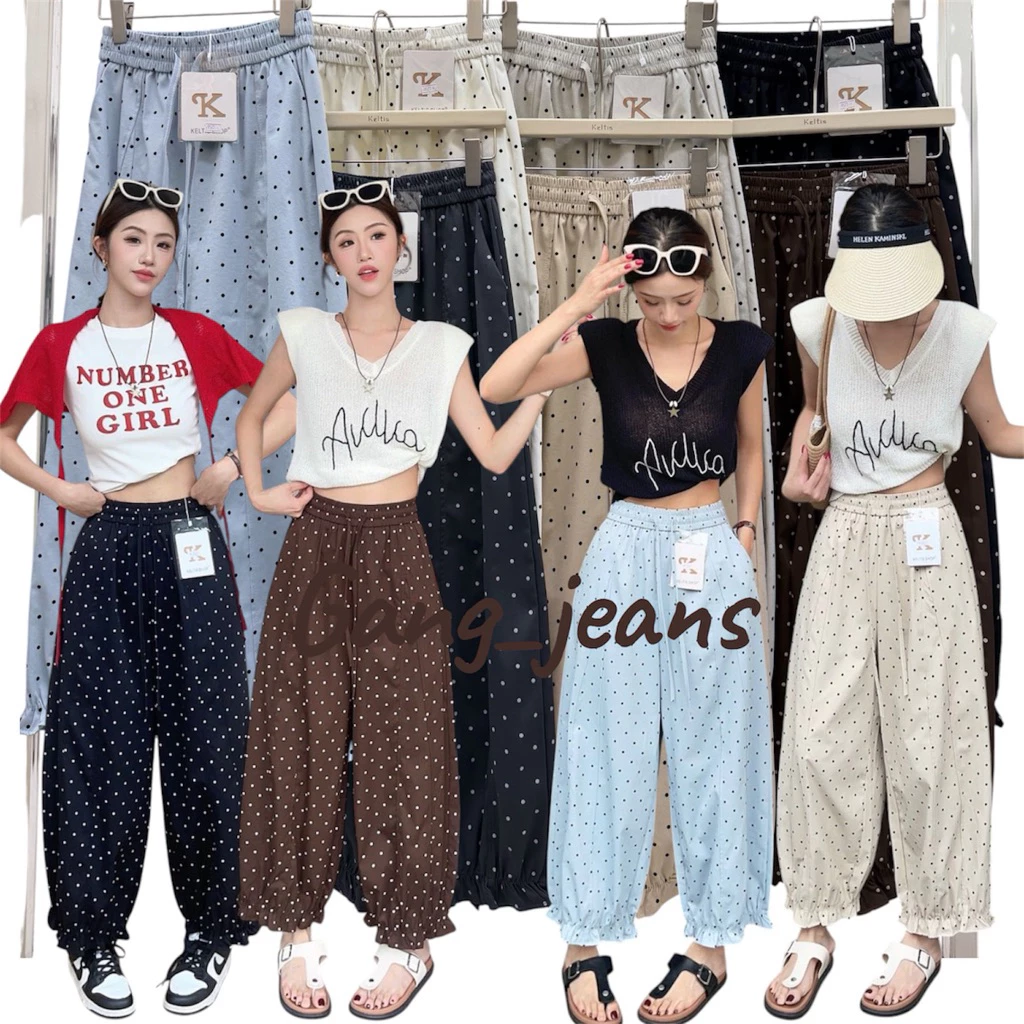 Gang_jeans#9527(K)🚩กางเกงขายาวลายจุด Polka Dot ผู้หญิง ทรงกระบอกหลวม เอวสม็อค แฟชั่นเกาหลี