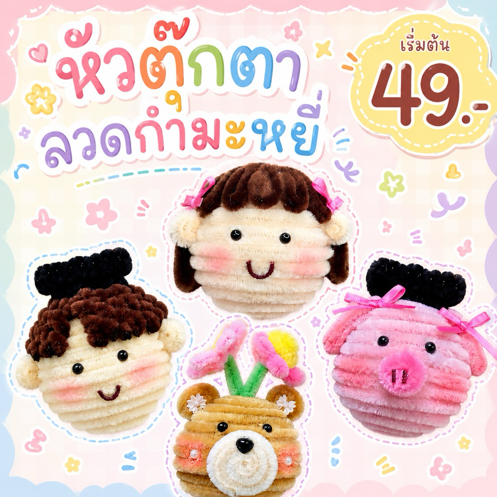 ➡️แจ้งวันที่ใช้งานก่อนสั่ง🧸 หัวตุ้กตาลวดกำมะหยี่ ตกแต่งช่อดอกไม้🧑‍🎓✨
