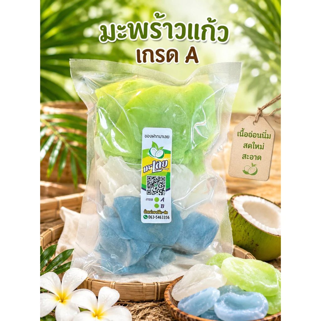 มะพร้าวแก้วเกรดA อ่อนนิ่ม 3สี อัญชัน ขาวดั้งเดิม ใบเตย ปริมาณ 250 กรัม