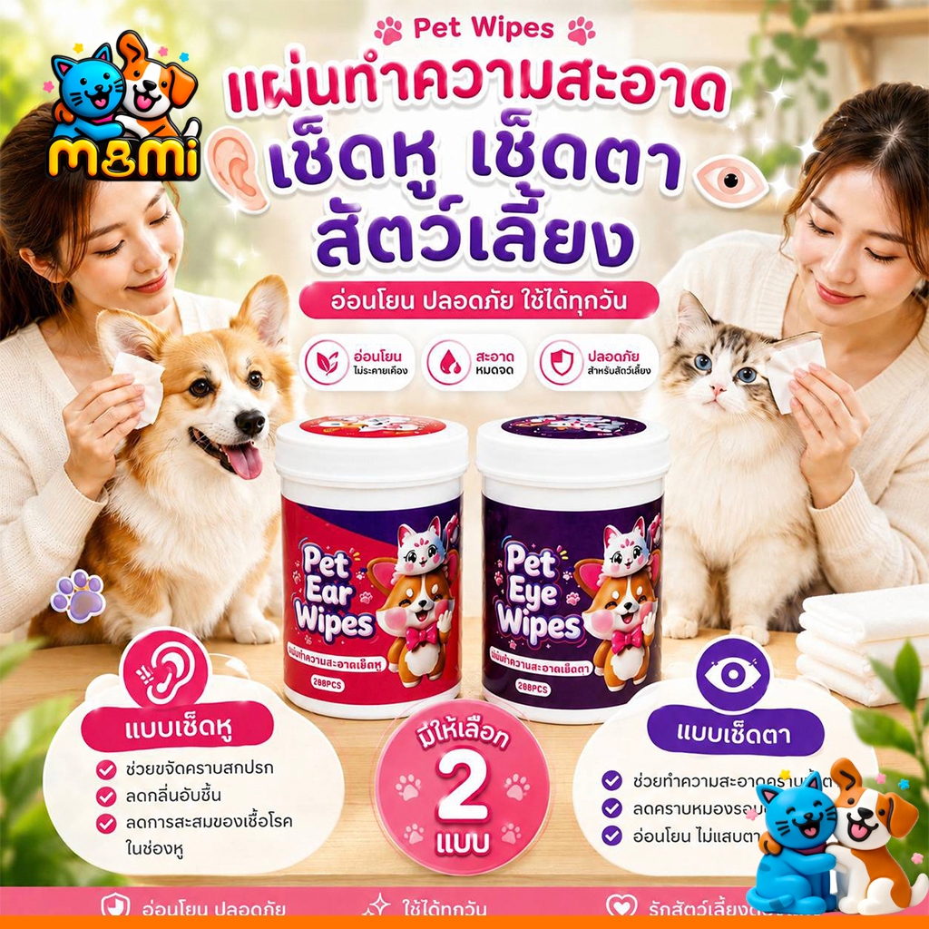MI ผ้าเช็ดทำความสะอาดสัตว์เลี้ยง ตา หู แบบอ่อนโยน สำหรับแมวและสุนัข  200 ชิ้น LZ999