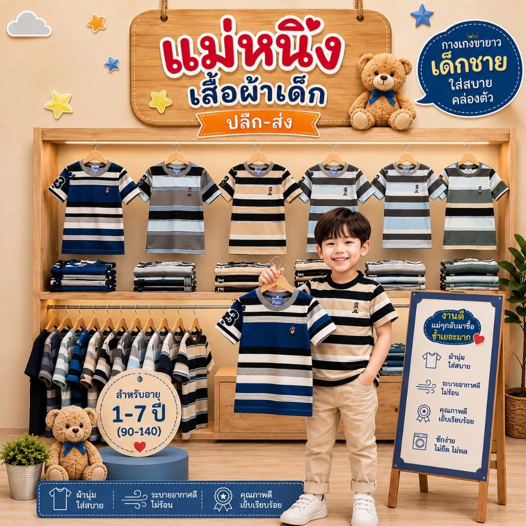 เสื้อยืดคอกลมเด็กลายเก๋ ปักหมี ใส่สบาย ปักแน่นๆ สีสดใส