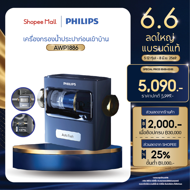 Philips water AWP1886 ตัวกรองน้ำประปา มีระบบล้างแบบย้อนกลับอัตโนมัติ การกรอง 2 ขั้นตอน ติดตั้งได้ทั้งแนวตั้งและแนวนอน