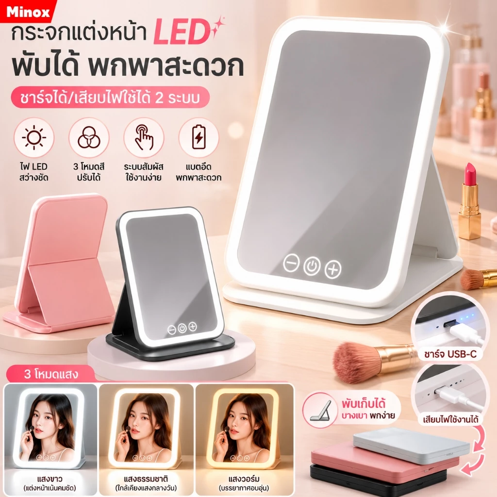 กระจกแต่งหน้า LED กระจกมีไฟ แสงไฟ3สี ชาร์จUSB กระจกแต่งหน้า ส่องหน้า แบบพกพา กระจก กระจกตั้งโต๊ะ