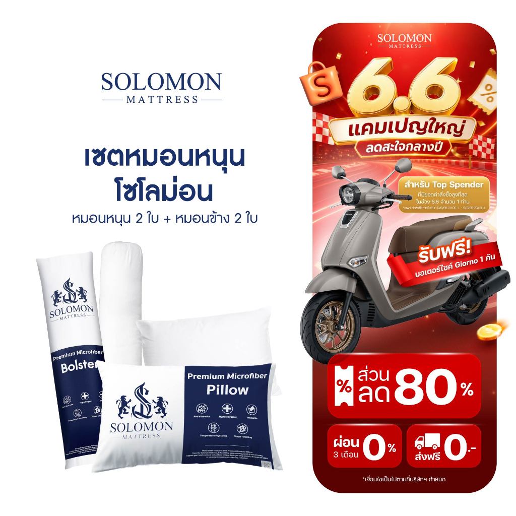 SOLOMON ชุดหมอนหนุน 2 ใบ + หมอนข้าง 2 ใบ เซ็ตคู่สุดคุ้ม
