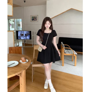 【XS-5XL】 เดรสยาวปานกลาง คอเหลี่ยม แขนสั้น เดรส A-line เรียบหรู ชุดทำงานสุภาพ เข้ารูป พลัสไซซ์