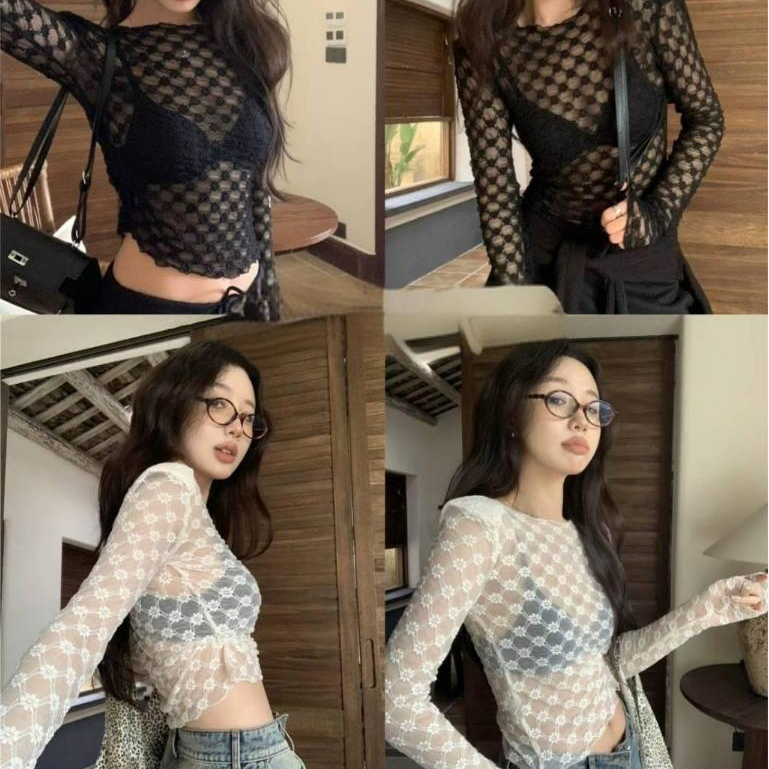 เสื้อถักไหมพรมแขนยาว คอกลม ดีเทลลูกไม้ซีทรู สไตล์เกาหลี แฟชั่น