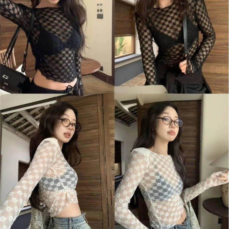 เสื้อถักไหมพรมแขนยาว คอกลม ดีเทลลูกไม้ซีทรู สไตล์เกาหลี แฟชั่น