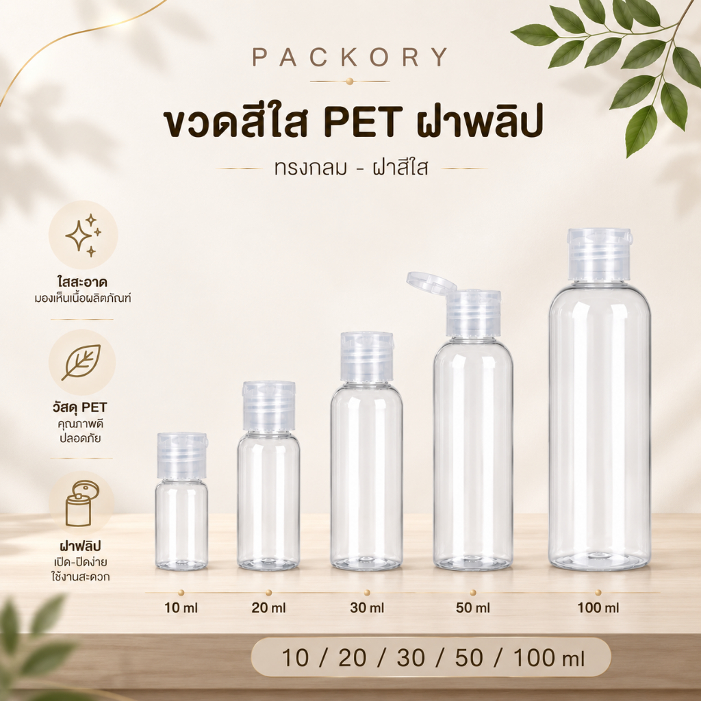 🧴PACKORY🧴ขวดใสฝาฟลิบ 10-20-30-50-100 ML เปิดปิดง่าย สำหรับแชมพู โลชั่น แอลกอฮอล์ WG20