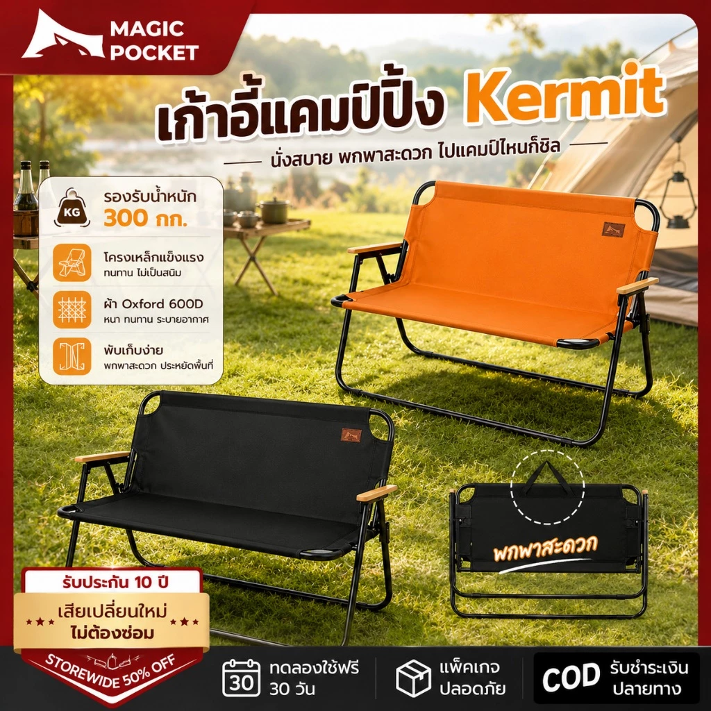 Magic pocket เก้าอี้แคมป์ปิ้ง เก้าอี้สนาม ปิคนิคกลางแจ้ง 2-3ที่นั่ง Camping Chair