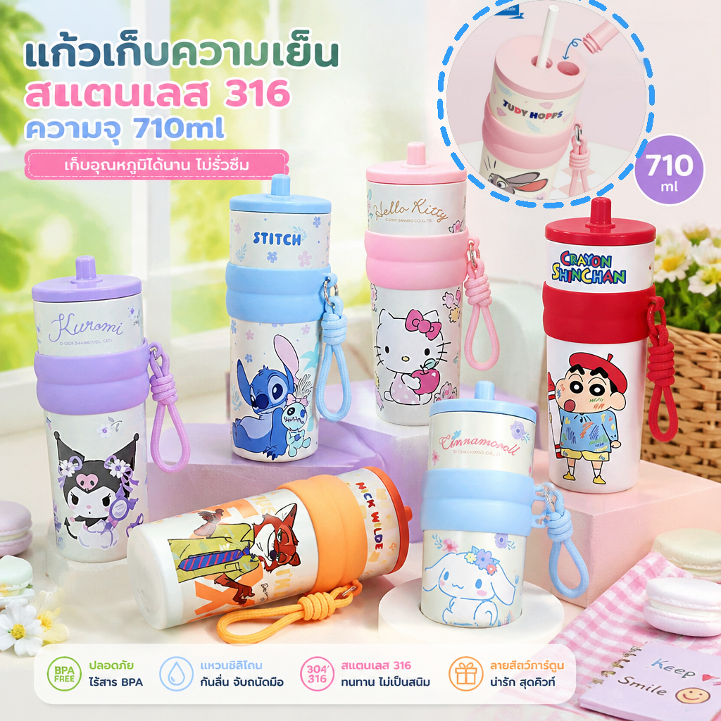 กระติกเก็บอุณหภูมิสแตนเลส316 ขนาด710ml ลายการ์ตูน มีหลอด+สายสะพาย พกพาและใช้ในรถได้