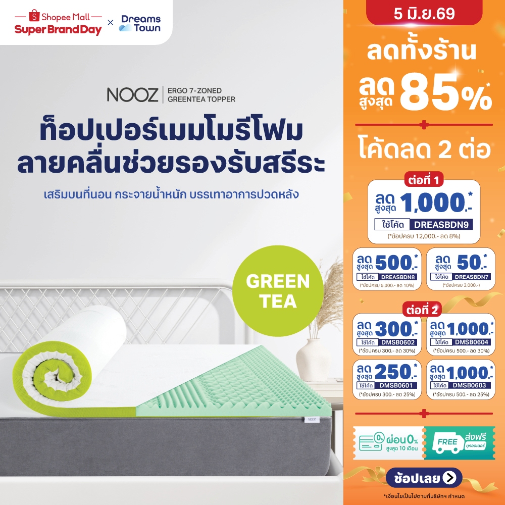 Nooz ท็อปเปอร์ ที่รองนอน ท็อปเปอร์เมมโมรี่โฟมชาเขียว ลายคลื่น ออกแบบลวดลาย 7 โซน รุ่น Ergo Greentea The 7 Zone