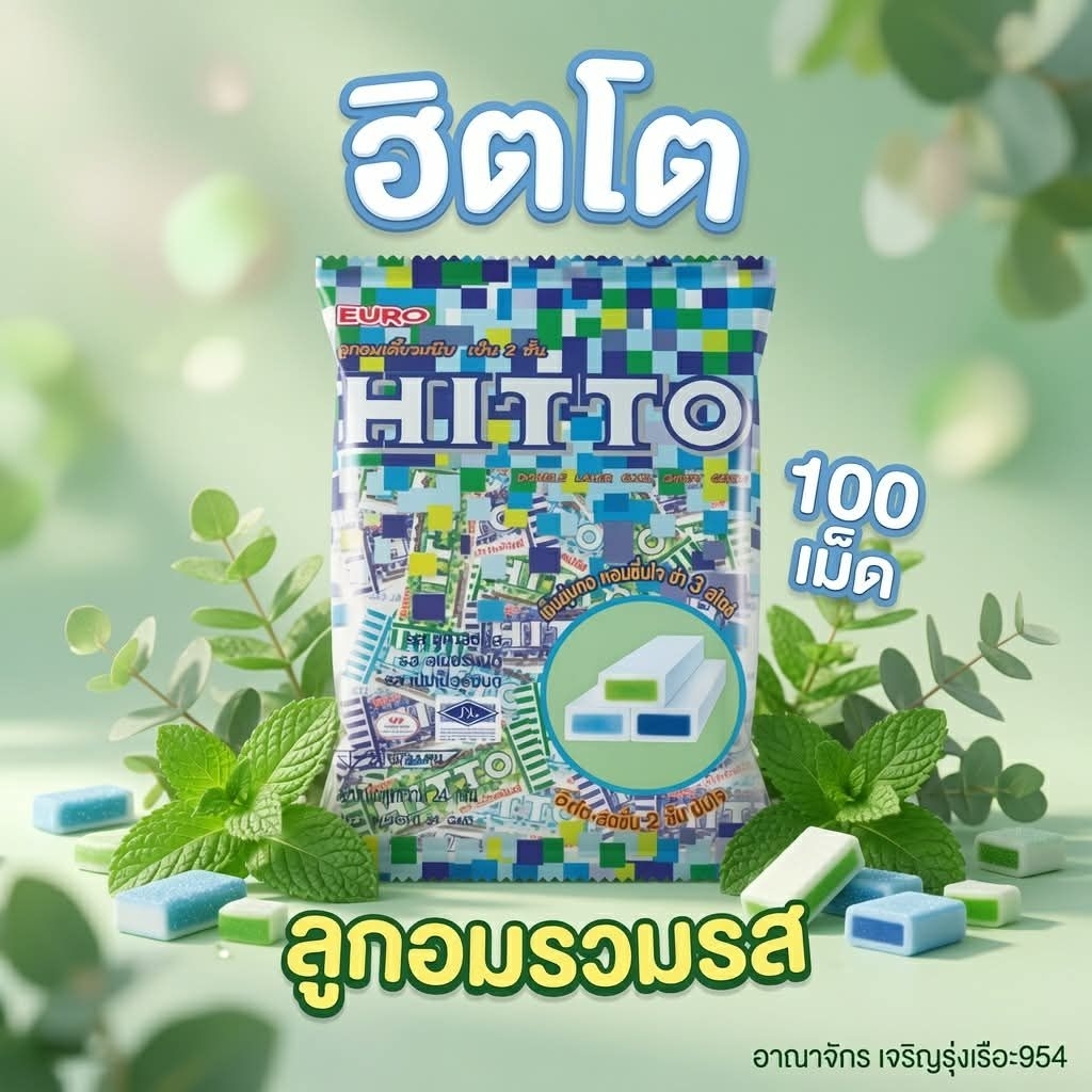 [แพ็ค100เม็ด] Hitto ฮิตโต้ ลูกอมเคี้ยวหนึบแบบเย็น2ชั้น รวมรส หอมเย็นสดชื่น