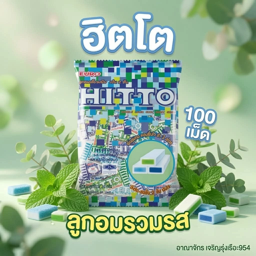 [แพ็ค100เม็ด] Hitto ฮิตโต้ ลูกอมเคี้ยวหนึบแบบเย็น2ชั้น รวมรส หอมเย็นสดชื่น