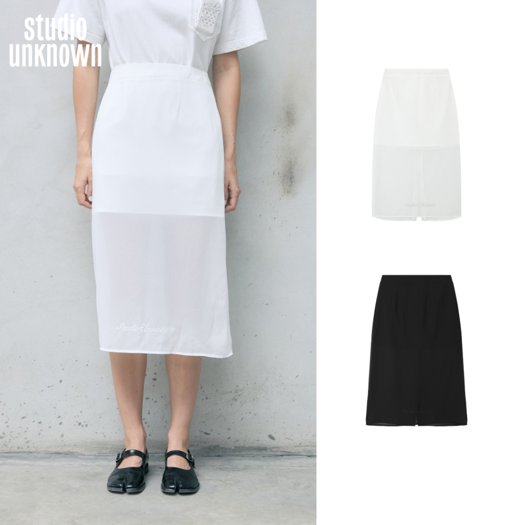 STUDIO UNKNOWN - SS26 Lily See-Through Midi Skirt กระโปรงซีทรูยาว3/4ตกแต่งลายปักโลโก้