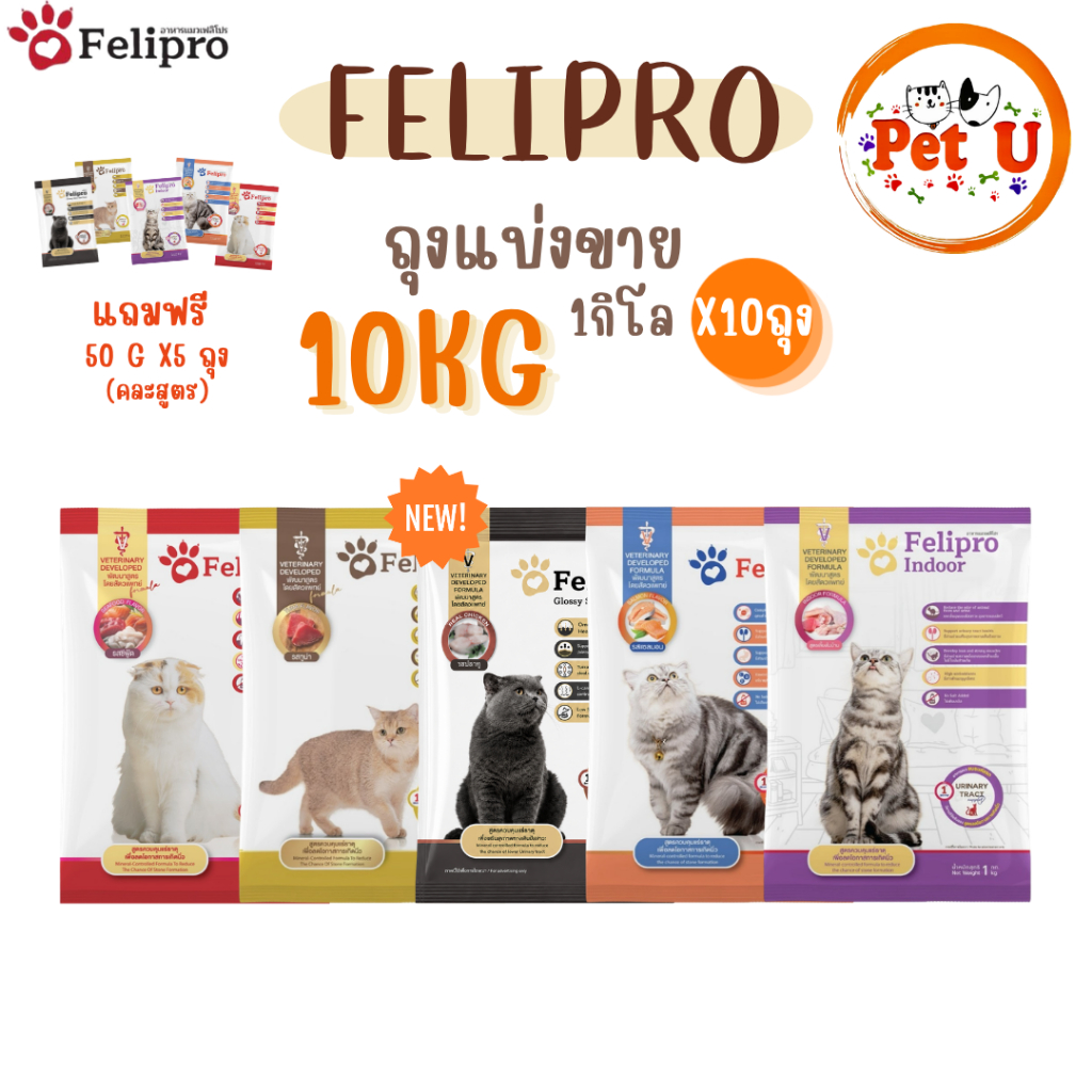 (1 kg x 10 ถุง) Felipro อาหารแมวเฟลิโปร 5 รสชาติ ลดโอกาสการเกิดนิ่ว ถุงแบ่งขนาด 1 kg **แถมฟรี 50gx5ถุง**