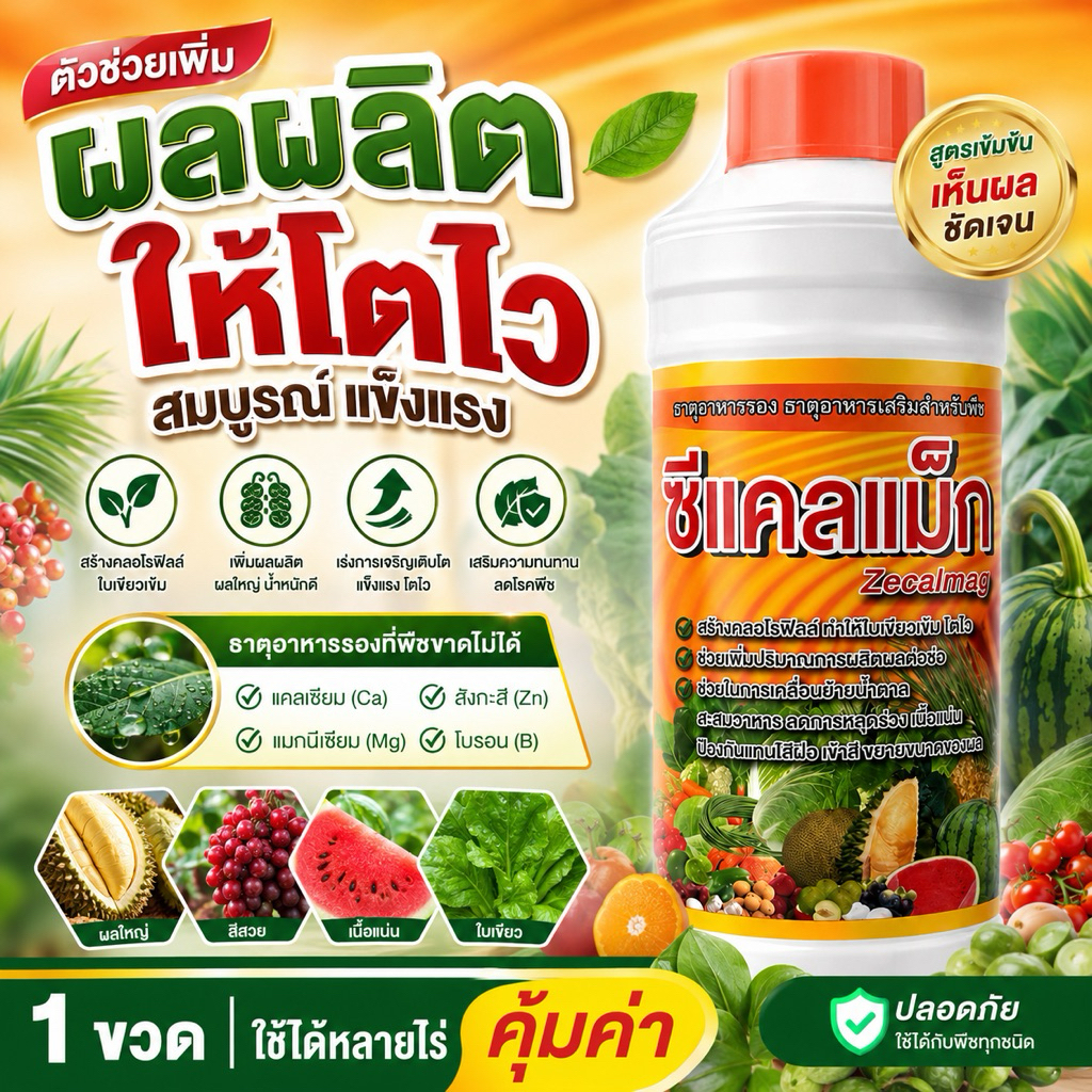 ซีแคลแม็ก Zecalmag ธาตุอาหารพืช แคลเซียม แมกนีเซียม แก้ใบเหลือง เพิ่มผลผลิต เร่งโต ฟื้นต้นไว