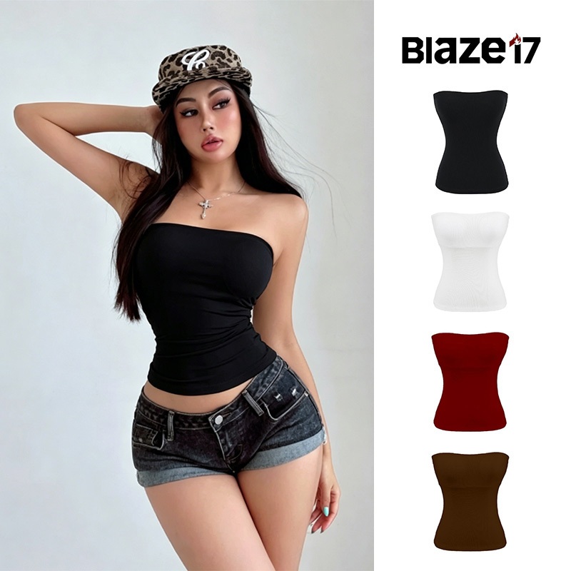 BLAZE 🛒พร้อมส่ง🚚 (รูปถ่ายจากงานจริง) เสื้อเกาะอก เสริมฟองน้ำในตัว สีพื้นสไตล์มินิมอล ทรงรัดรูปพอดีตัว