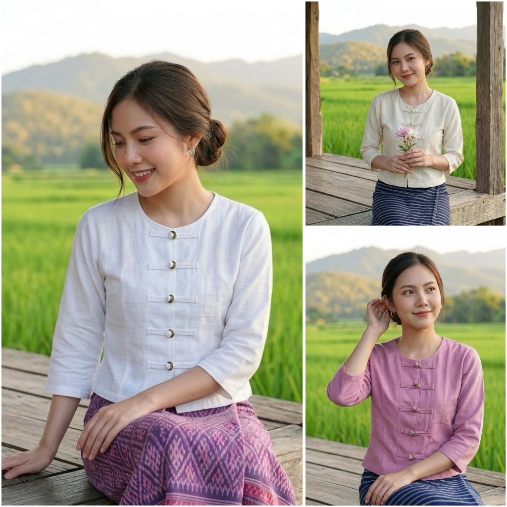 เสื้อผ้าฝ้ายผู้หญิง เสื้อกาสะลอง เสื้อสร้อยสะบันงา แต่งกระดุมเหรียญ ผ้าฝ้าย
