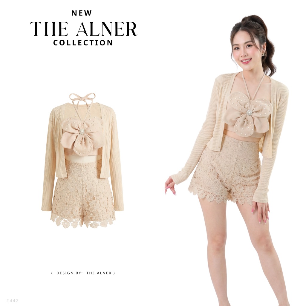 Thealner-AN442 (เซตเสื้อน้ำตาลแต่งดอกหน้า+เสื้อคลุมแขนยาวกางเกงขาสั้น)
