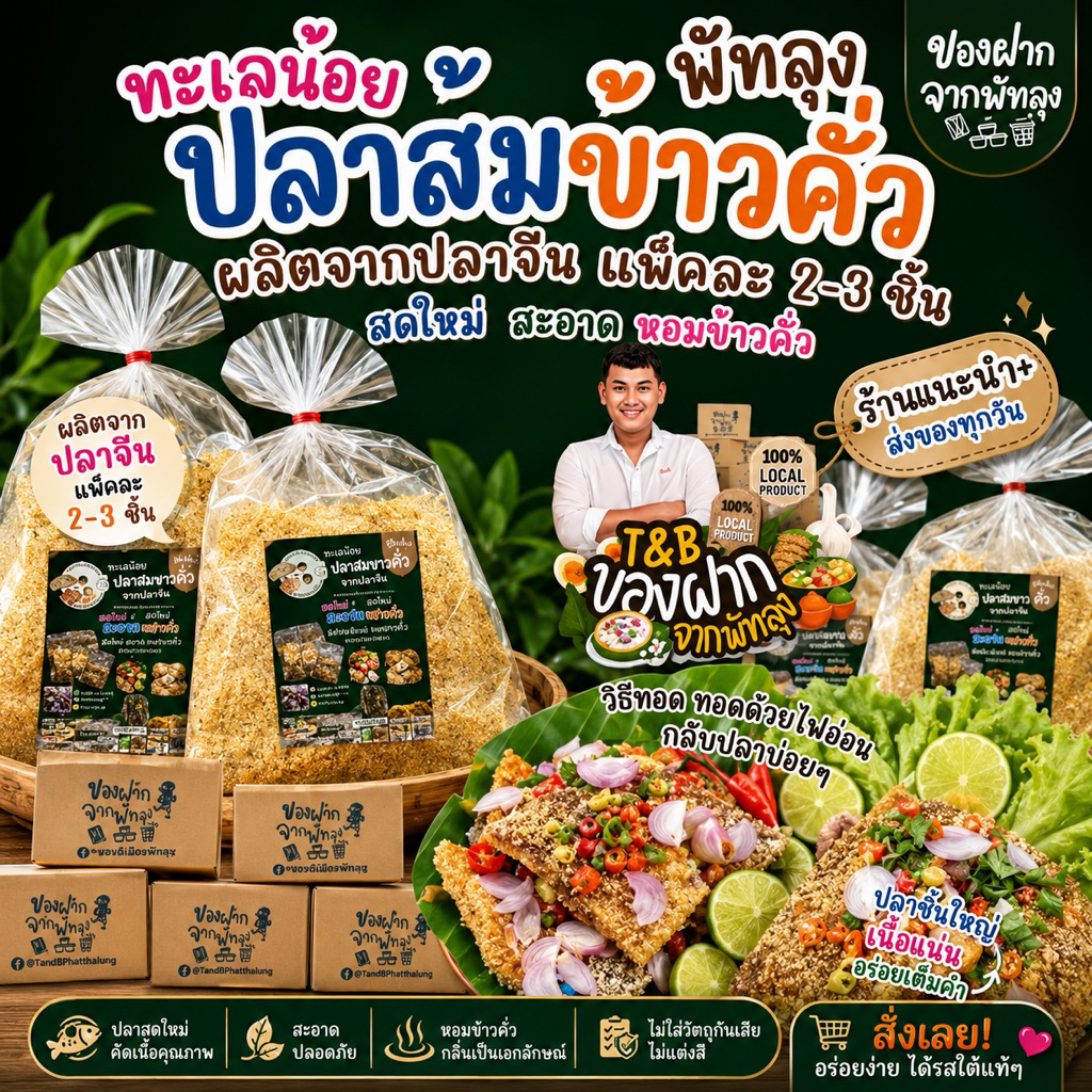 ปลาส้มพรีเมี่ยมคลุกข้าวคั่ว  ปลาชิ้นใหญ่แพคสุญญากาศ เก็บได้นานไม่มีกลิ่น หอมข้าวคั่ว สด ใหม่ สะอาด   ของดีของฝากทะเลน้อย