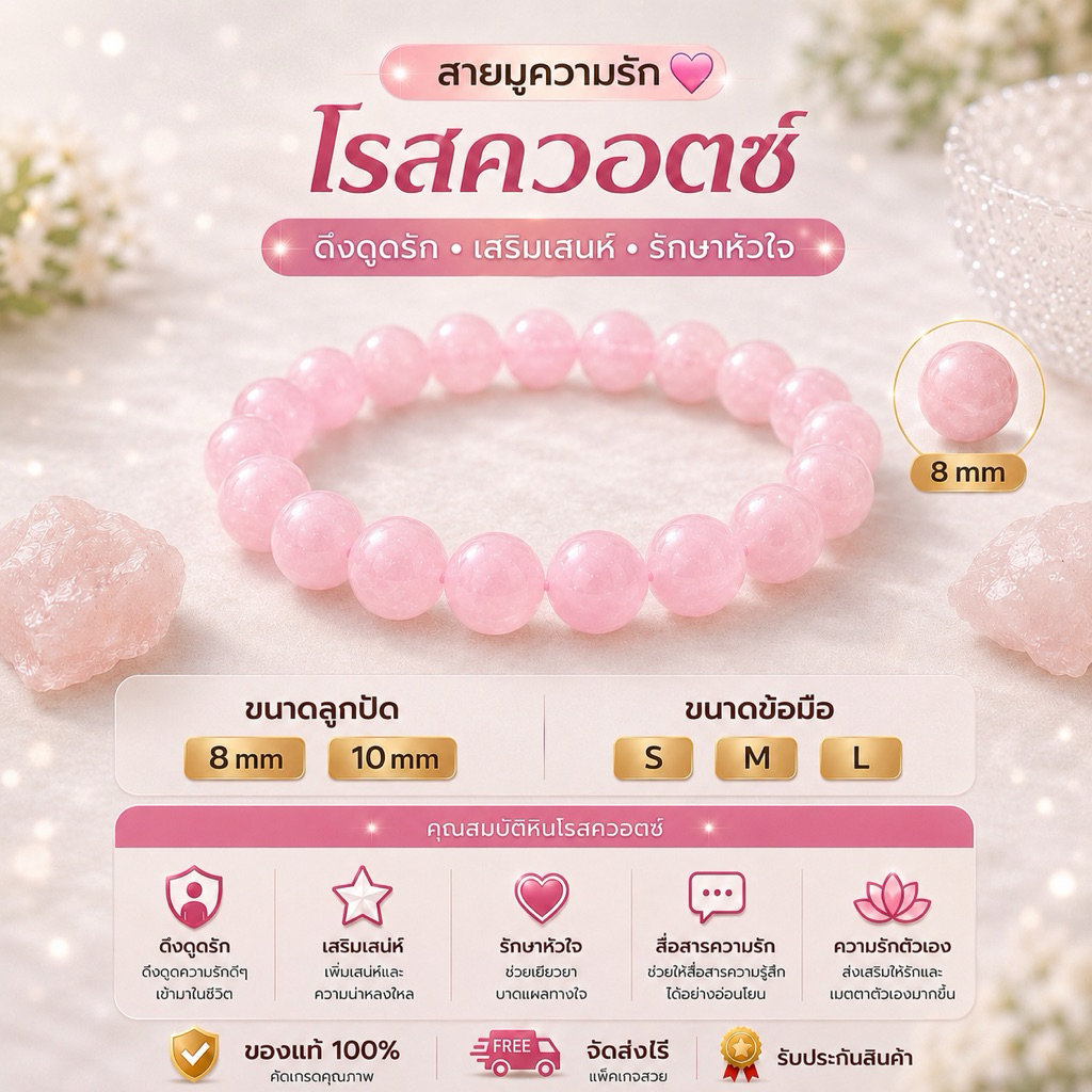 💗 กำไลหินโรสควอตซ์ Rose Quartz เสริมเสน่ห์ ความรัก เมตตามหานิยม หินแท้ 8mm 10mm