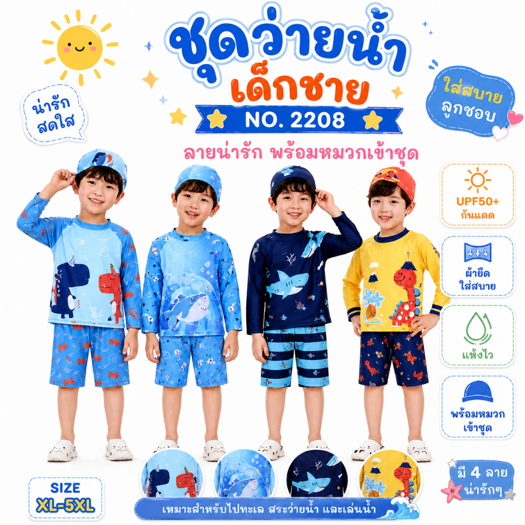 พร้อมส่ง #2208 ชุดว่ายน้ำเด็กเด็กชายลายการ์ตูนหลากหลายแบบ เนื้อผ้ากันยูวี 🦕🌴